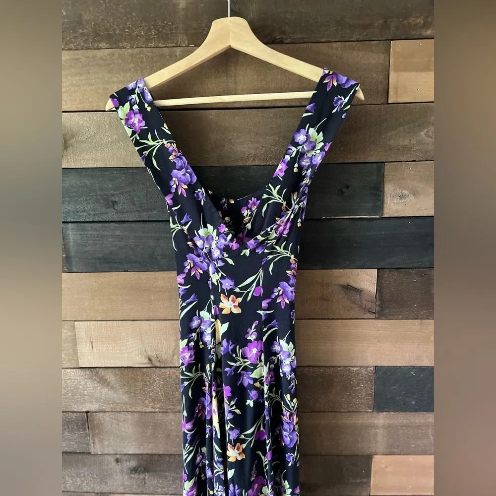 Vintage 80s All That Jazz Black Floral Midi Dress Crisscross Back Size 7/8 - Picture 5 of 16